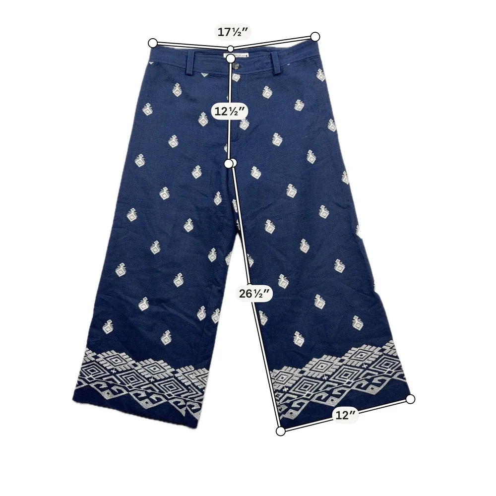 Zara Pants Embroidered Linen Blend Wide Leg Cropped Navy Blue Women XL
